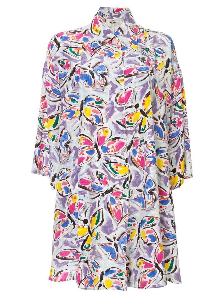 Fendi Pre-Owned silk butterfly print shirt dress - Multicolour