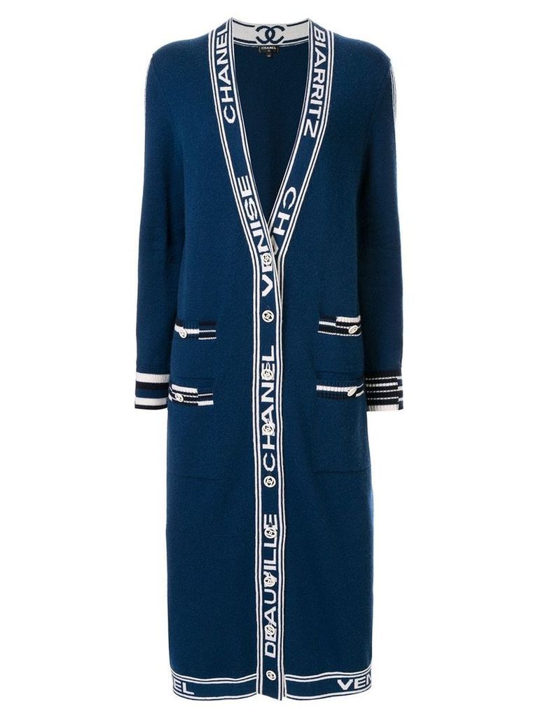Chanel Pre-Owned cashmere logo straps long coat - Blue