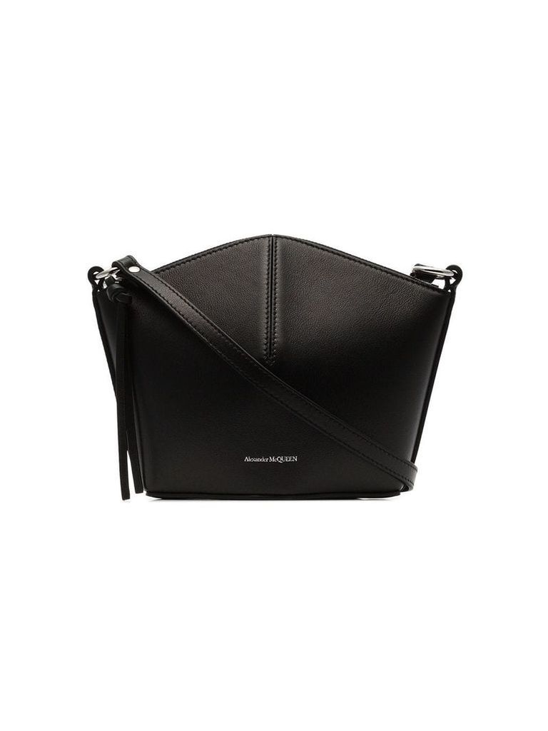 Alexander McQueen black logo embossed mini leather bucket bag