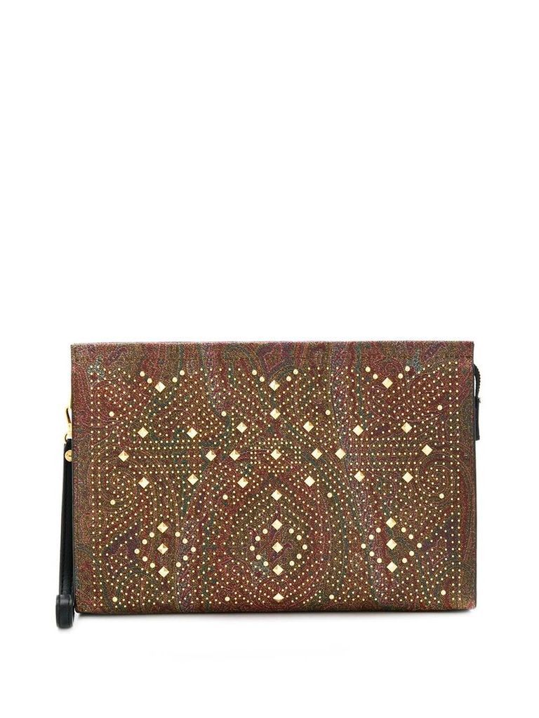 Etro gold-tone studded paisley print clutch - Brown