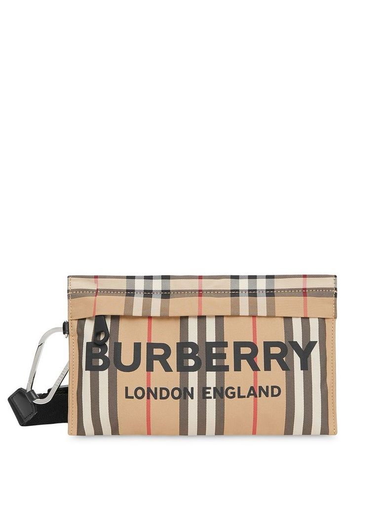 Burberry Logo Print Icon Stripe Nylon Zip Pouch - Neutrals