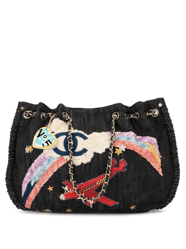 Chanel Pre-Owned Jumbo XL rainbow embroidery tote - Blue