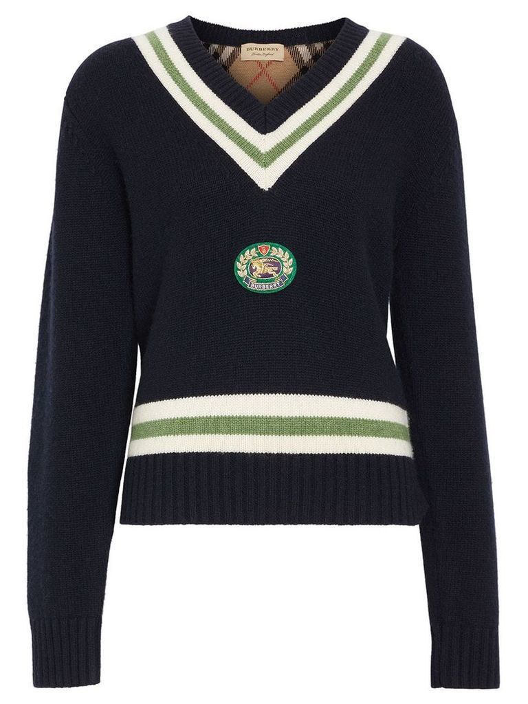 Burberry Embroidered Crest Wool Cashmere Sweater - Blue
