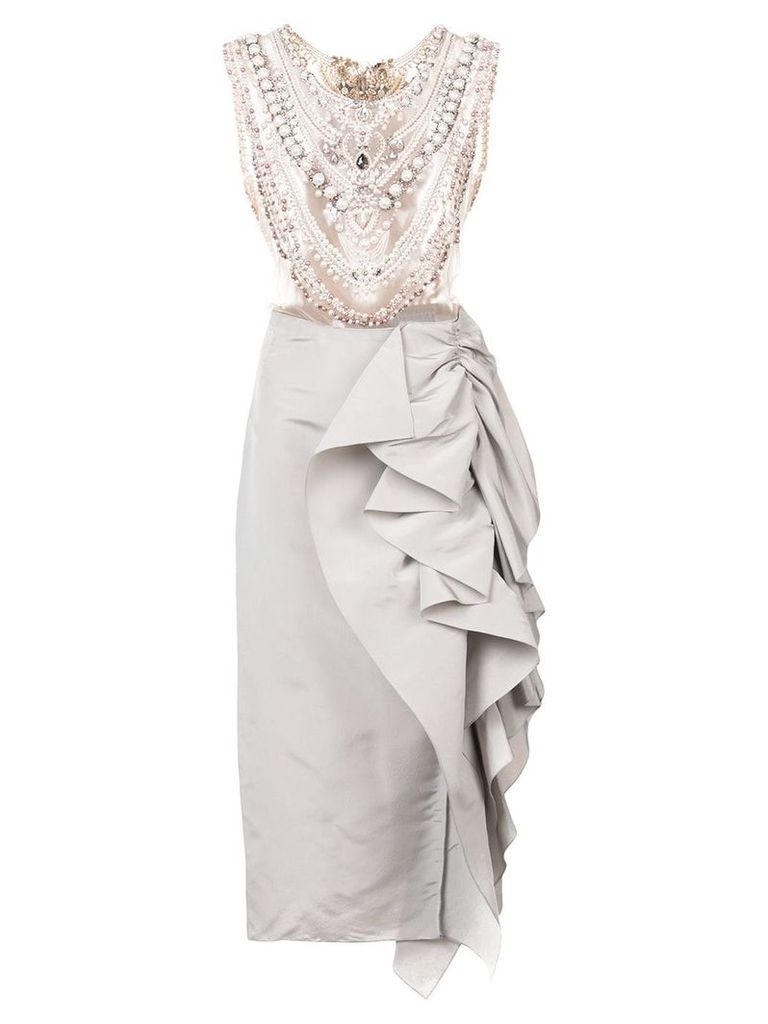 Marchesa embellished chest panel asymmetric gown - Grey