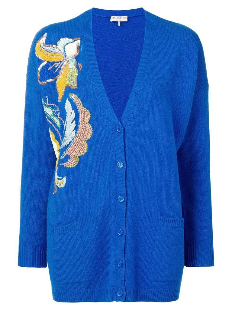 Emilio Pucci Floral Embroidered Cashmere Cardigan - Blue