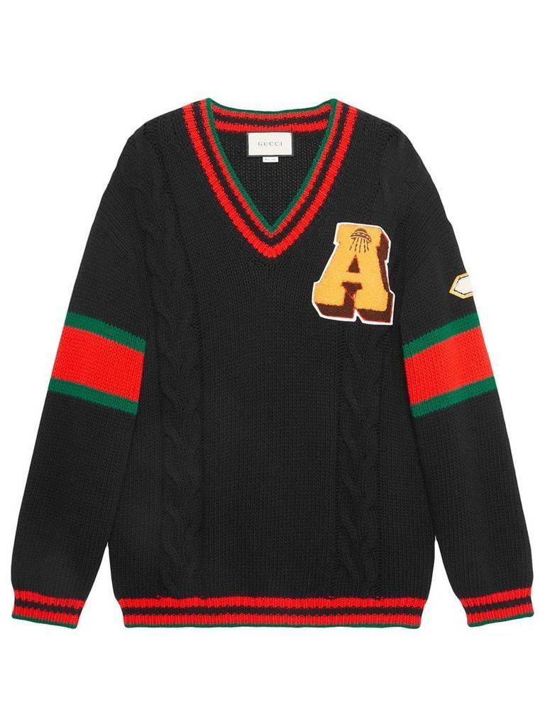 Gucci Cable knit sweater with patches - Black
