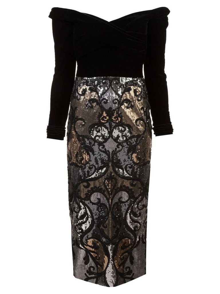 Marchesa Notte off-the-shoulder sequin embellished dress - Black