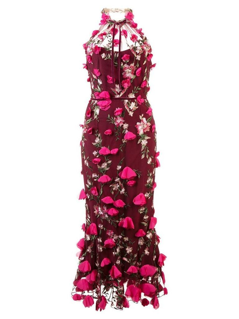 Marchesa Notte embellished floral lace dress - Red