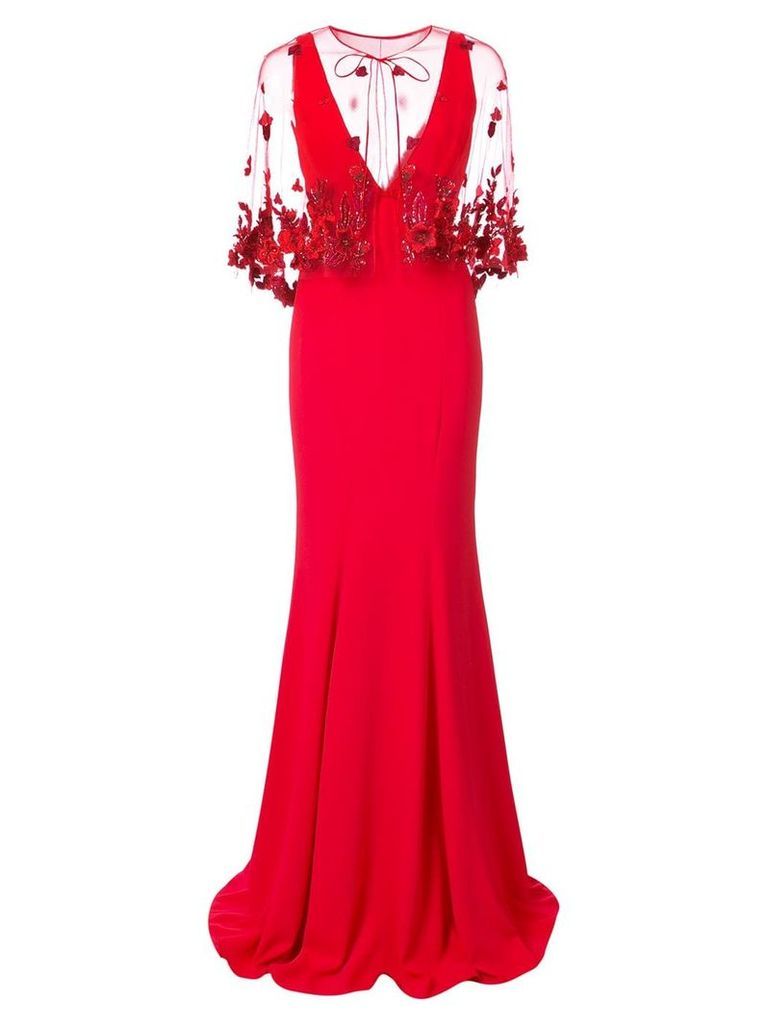 Marchesa Notte fishtail embellished cape dress - Red