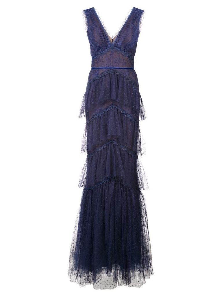 Marchesa Notte tiered chantilly lace gown - Blue