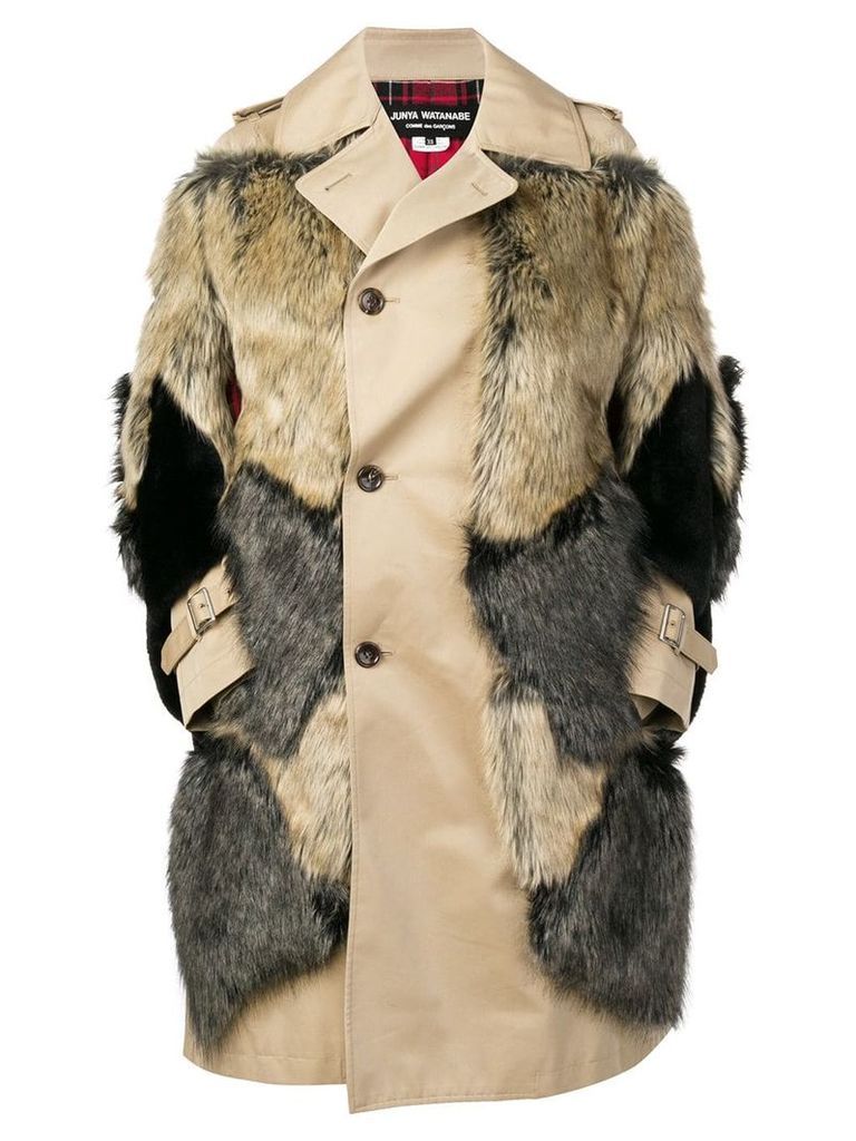 Junya Watanabe faux fur patches single breasted coat - Brown