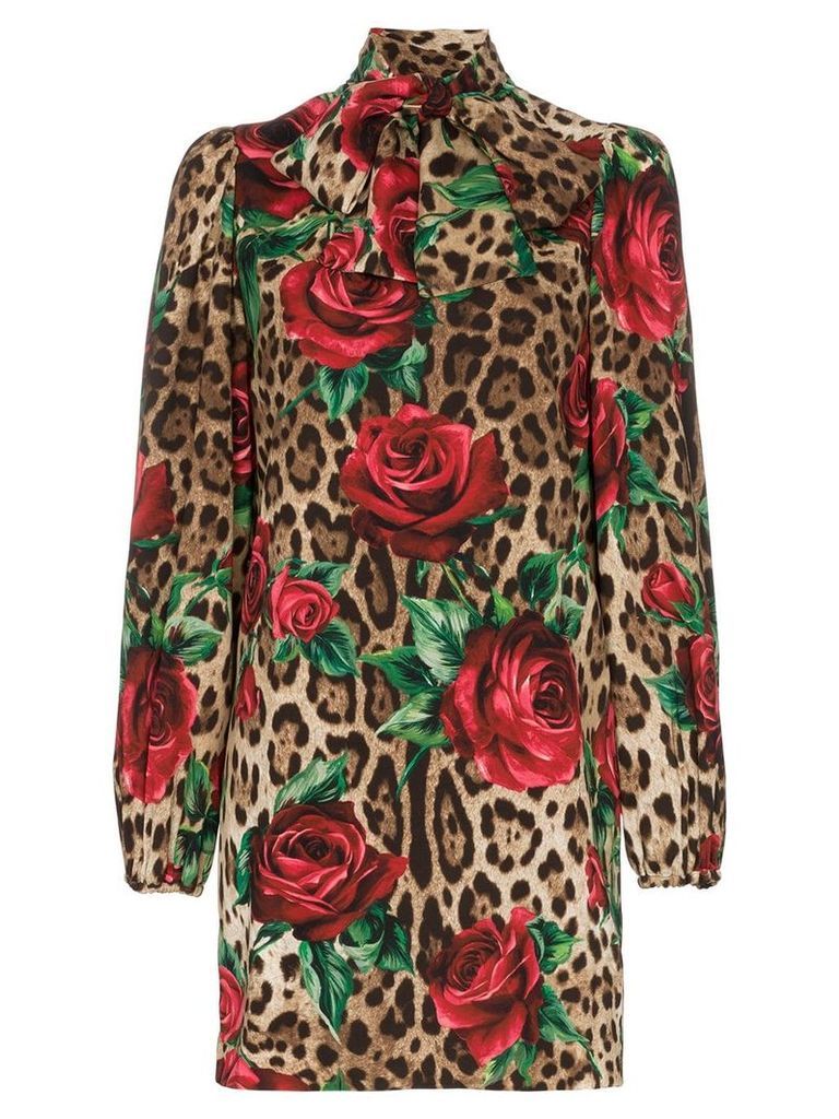 Dolce & Gabbana rose and leopard print mini dress - Brown
