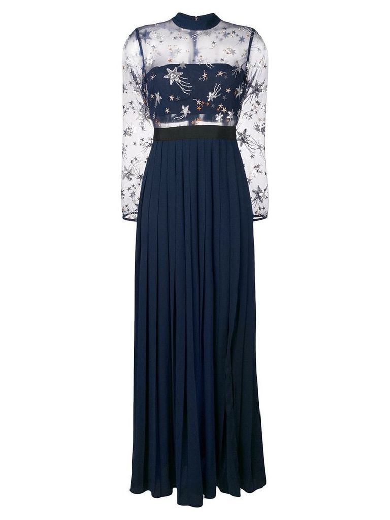 Self-Portrait star embroidered pleated gown - Blue