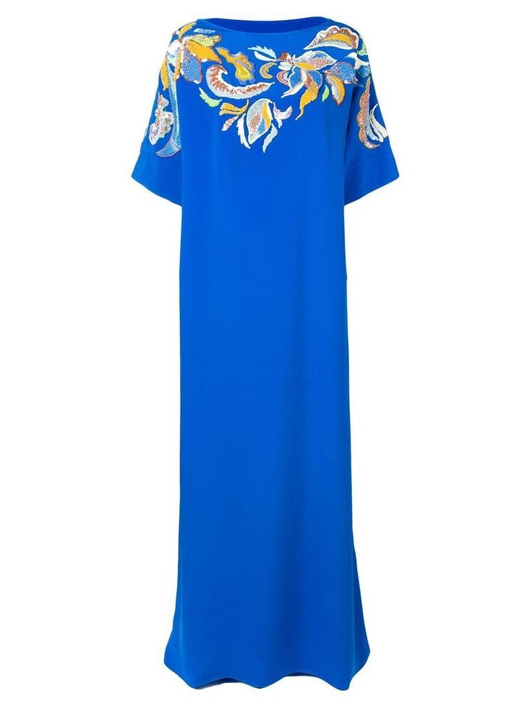 Emilio Pucci Floral Embroidered Silk Kaftan Dress - Blue