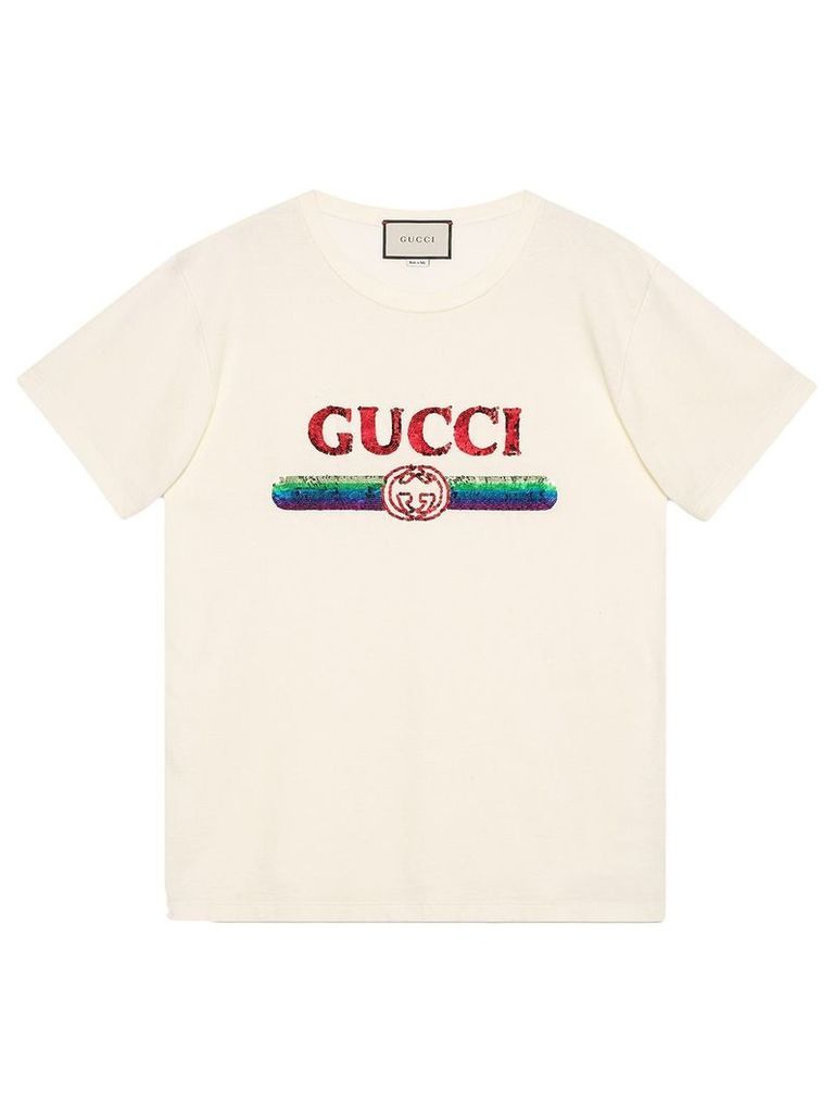 Gucci Oversize T-shirt with sequin Gucci logo - White