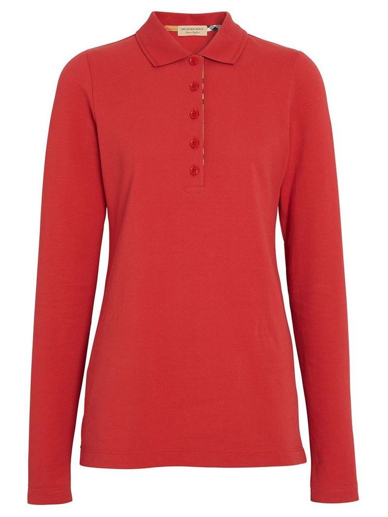 Burberry Long-sleeve Check Placket Cotton Piqué Polo Shirt - Red