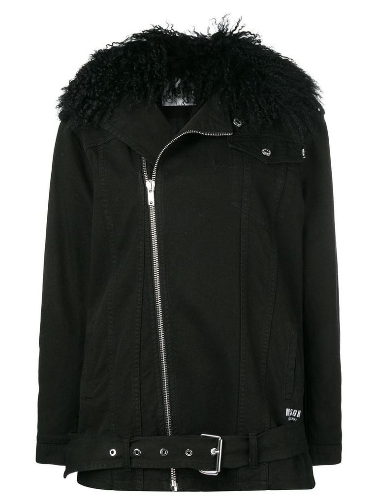 MSGM lamb fur-collar denim jacket - Black