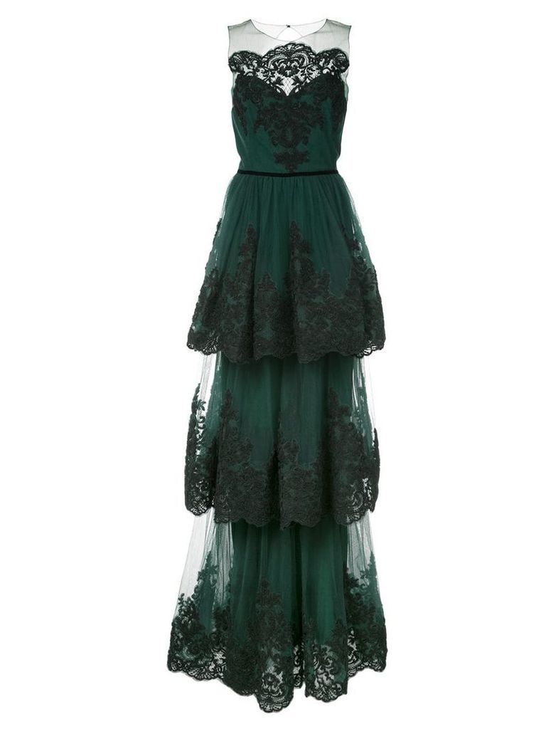 Marchesa Notte soutache embroidered tiered gown - Green