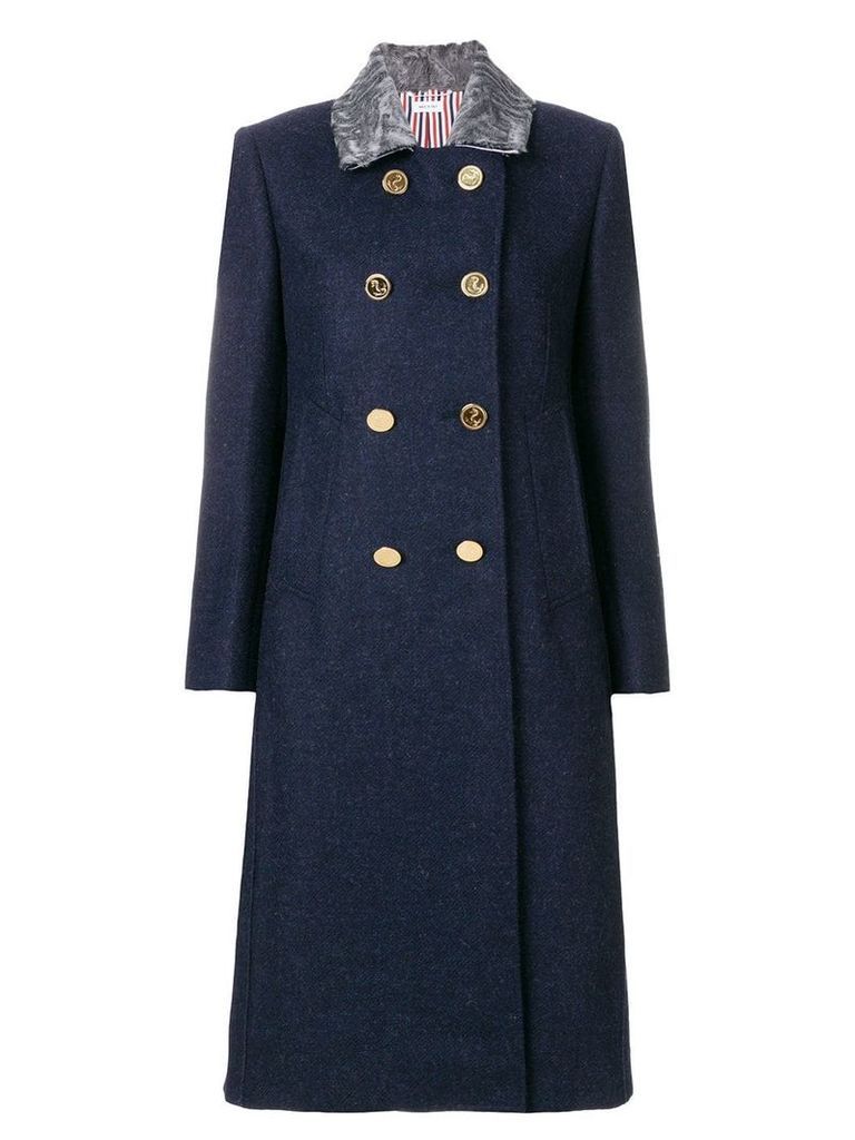 Thom Browne Fur Top Collar Wool Overcoat - Blue