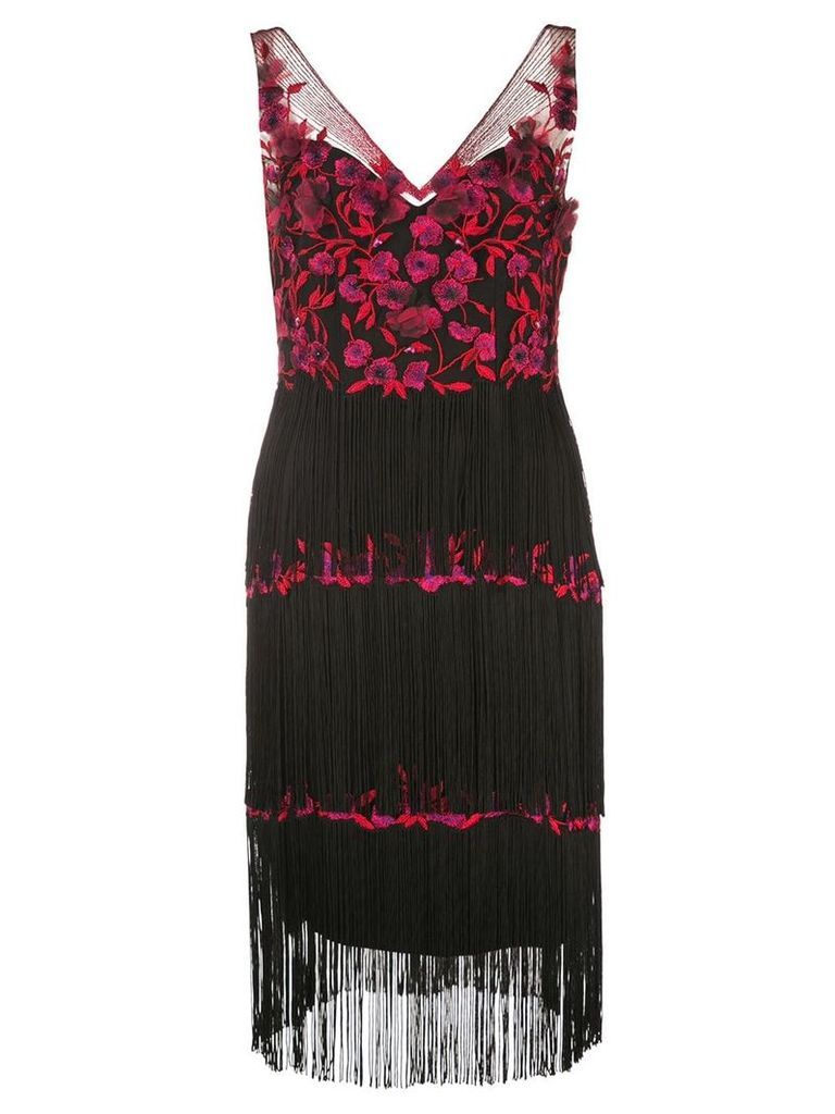 Marchesa Notte floral embroidered fringed dress - Black