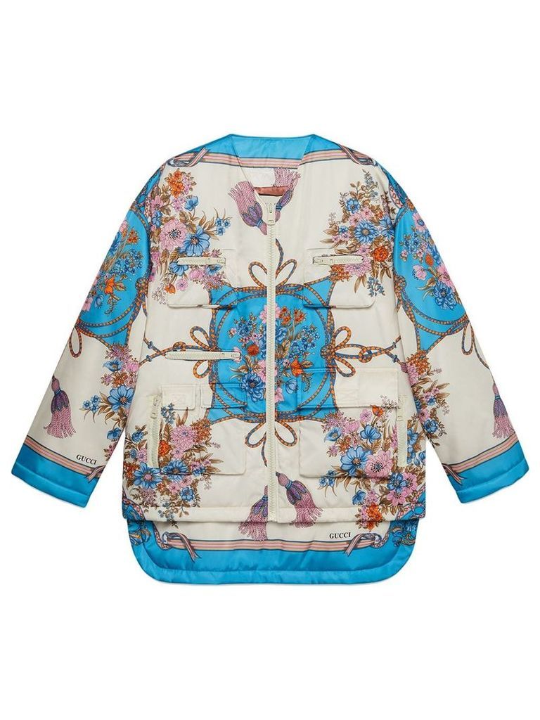 Gucci Padded nylon jacket with flowers and tassels - White