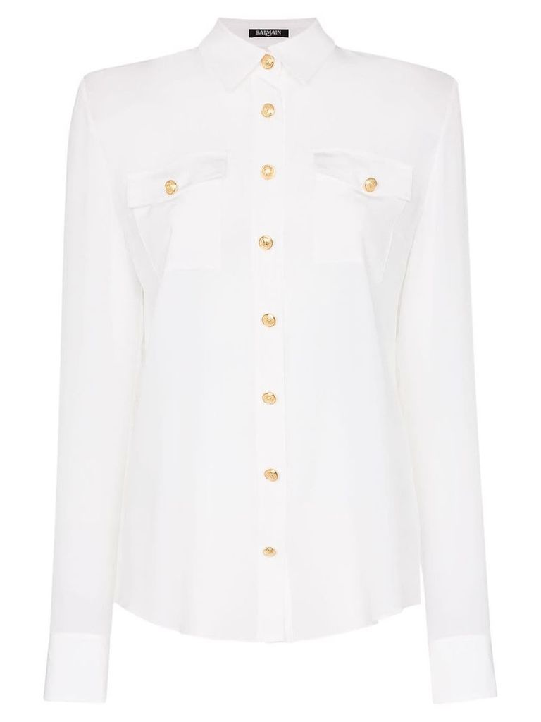 Balmain collared gold-tone button silk shirt - White