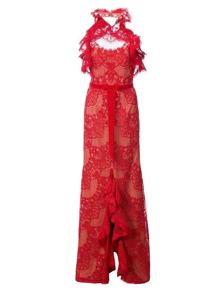 Marchesa Notte ruffled guipure lace gown - Red