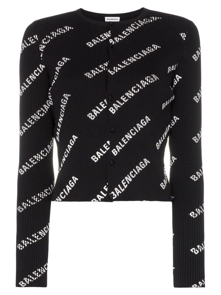 Balenciaga logo print ribbed knitted cardigan - Black