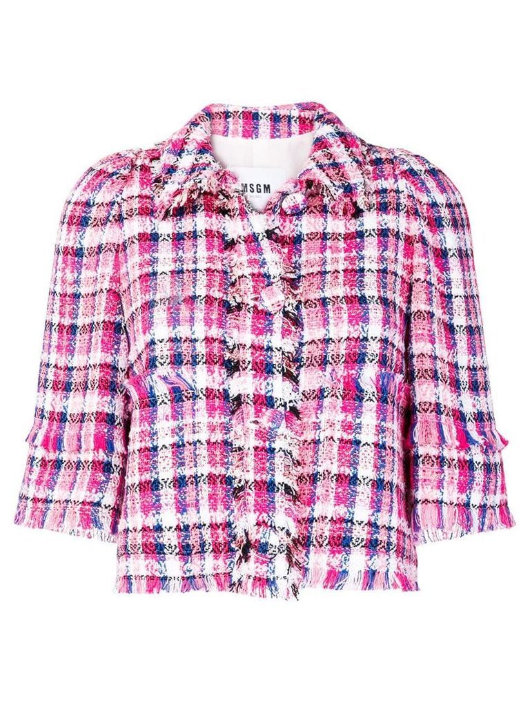 MSGM fringe-trim check tweed jacket - PINK