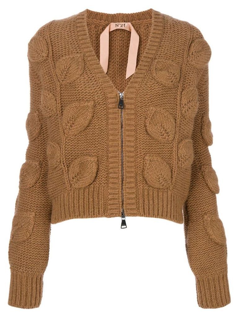 Nº21 V-neck leaf knit cardigan - Brown