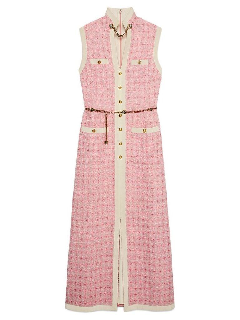 Gucci Long tweed dress with chain belt - PINK