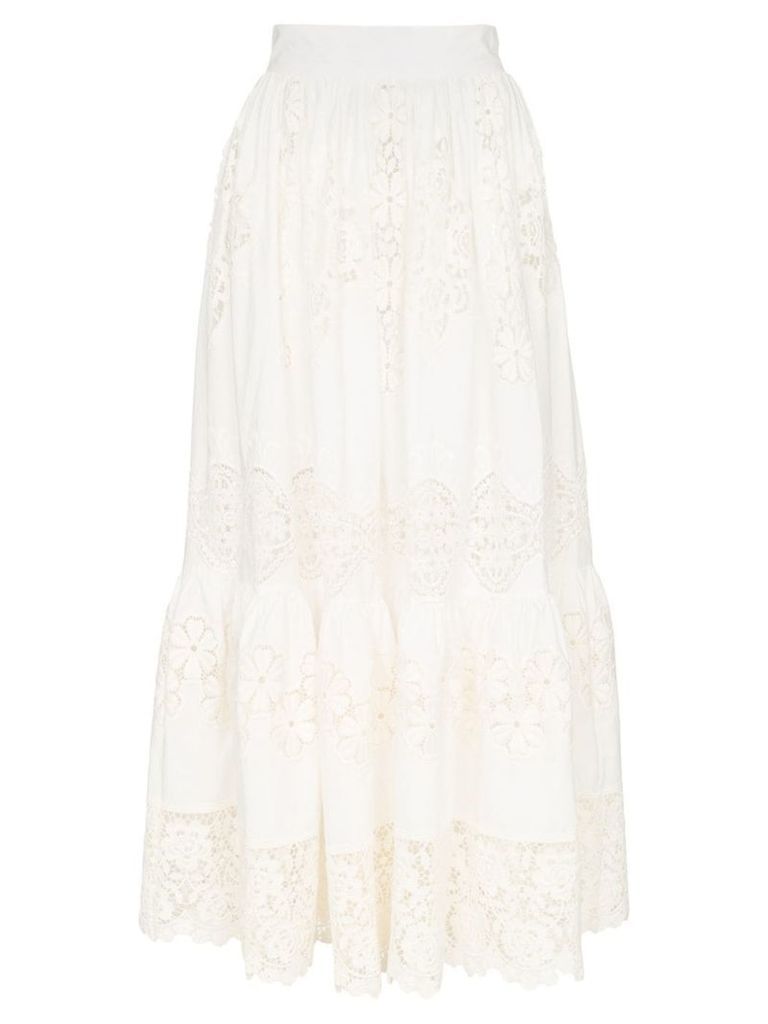 Dolce & Gabbana tiered lace detail high waisted midi skirt - White