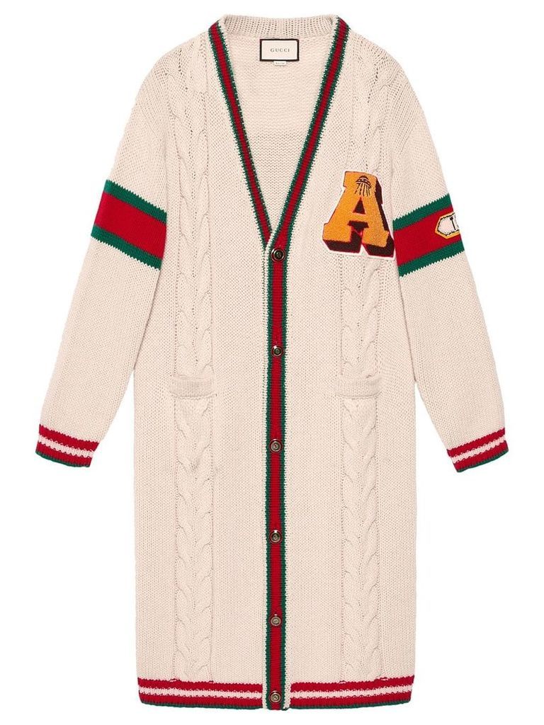 Gucci Embroidered chunky cable knit cardigan - White