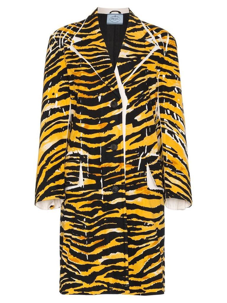 Prada Single Breasted Tiger Print Coat - Yellow