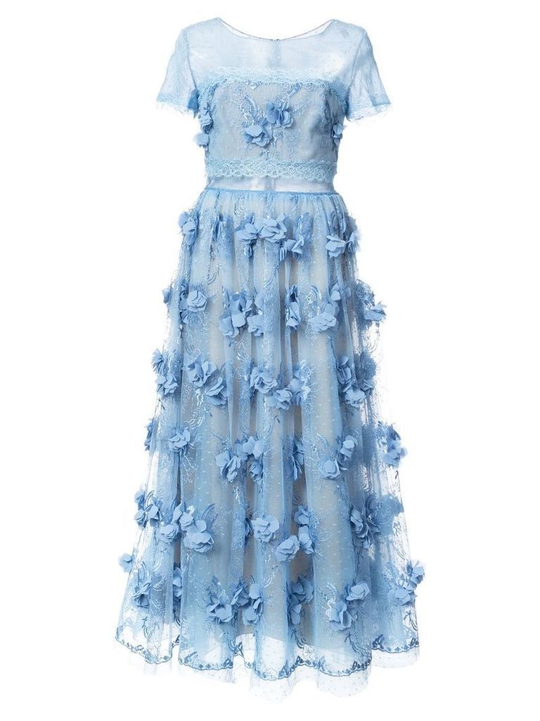 Marchesa Notte floral-appliquéd lace dress - Blue
