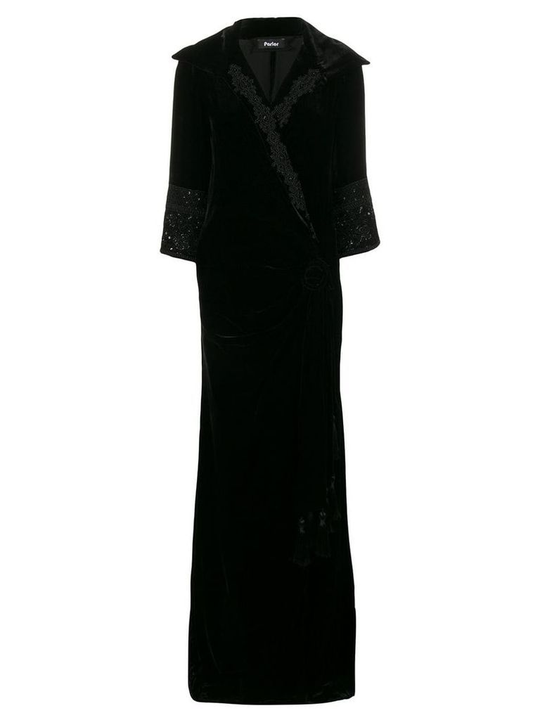 Parlor embroidered details wrap gown - Black