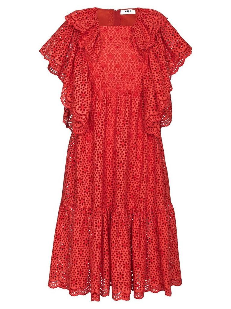 MSGM Ruffled Broderie Anglaise Midi Dress - Red