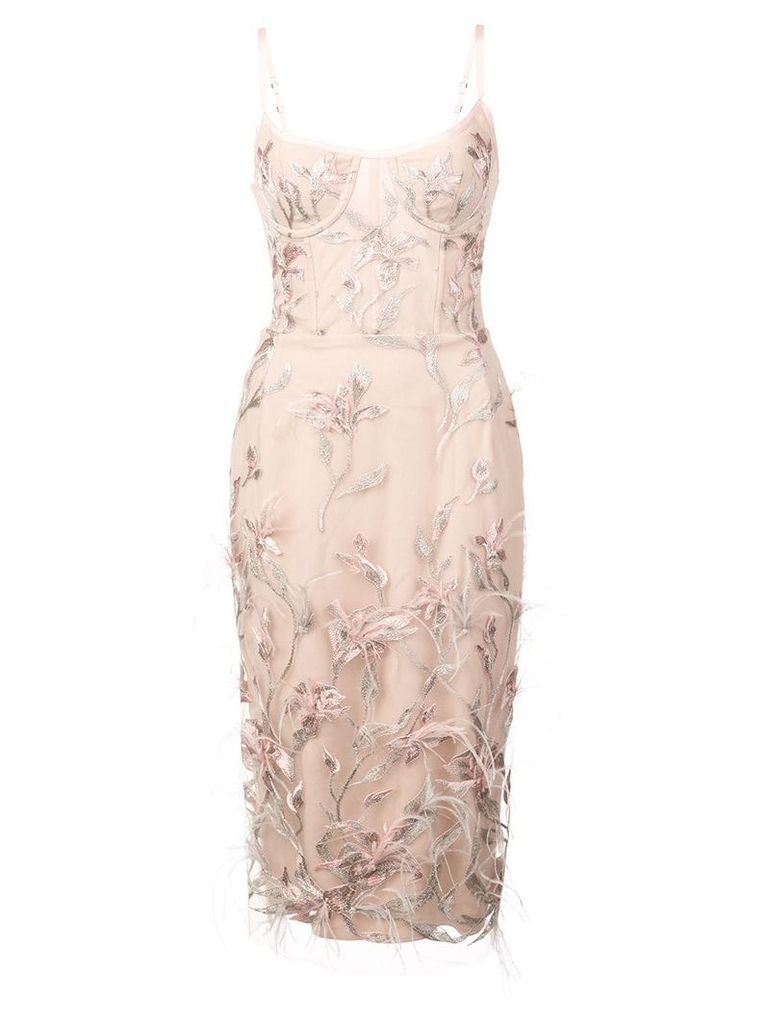 Marchesa Notte feather embroidered sleeveless dress - PINK