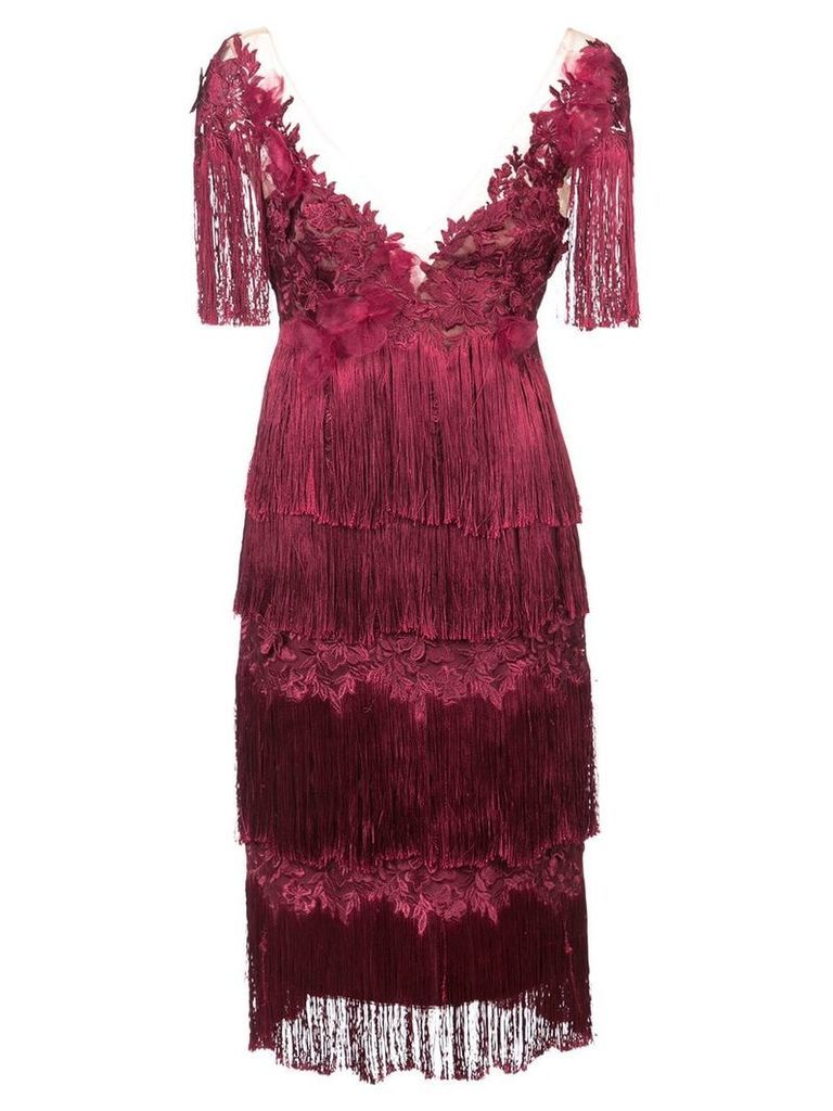 Marchesa Notte embroidered and fringed dress