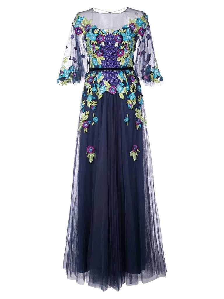 Marchesa Notte floral appliqué gown - Blue