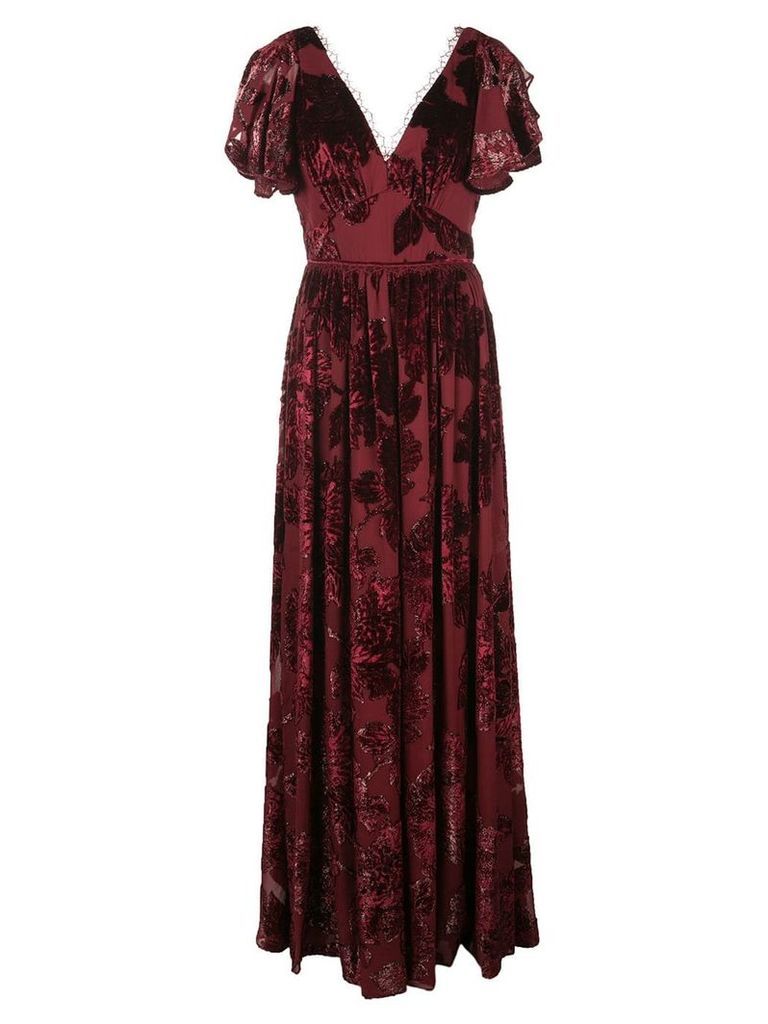Marchesa Notte floral print v-neck gown - Red