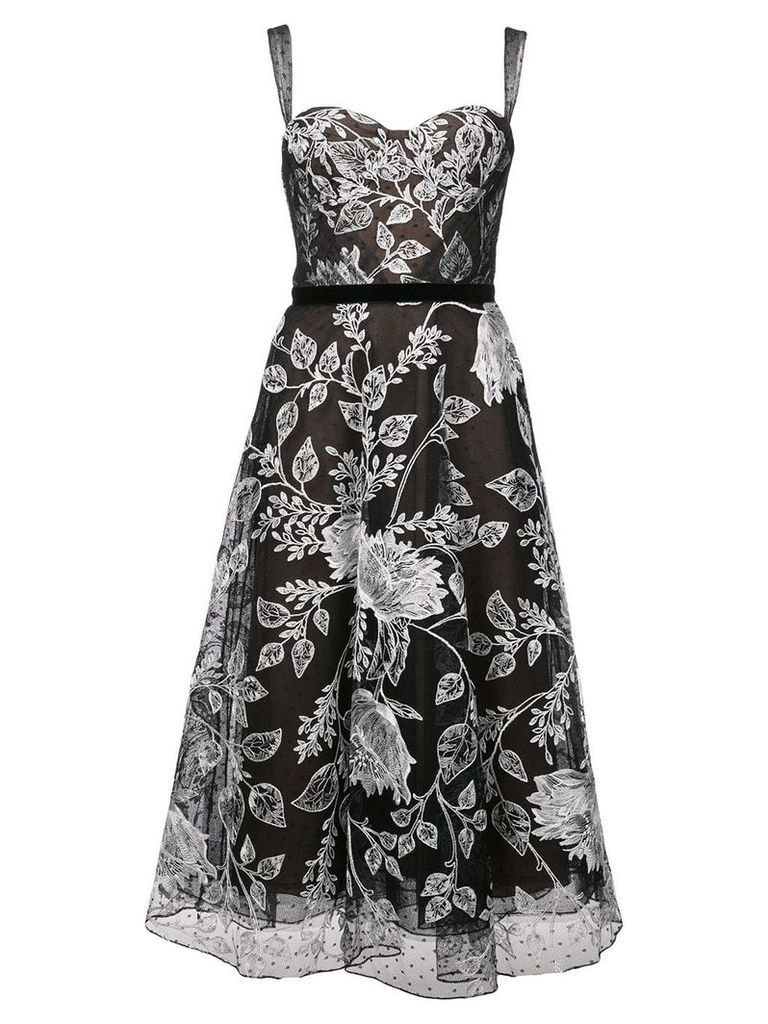 Marchesa Notte floral embroidered flared dress - Black