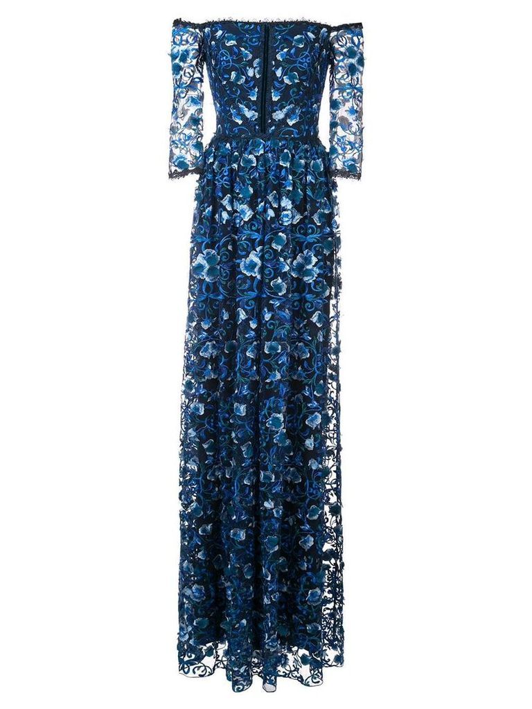 Marchesa Notte off-the-shoulder floral-print gown - Blue