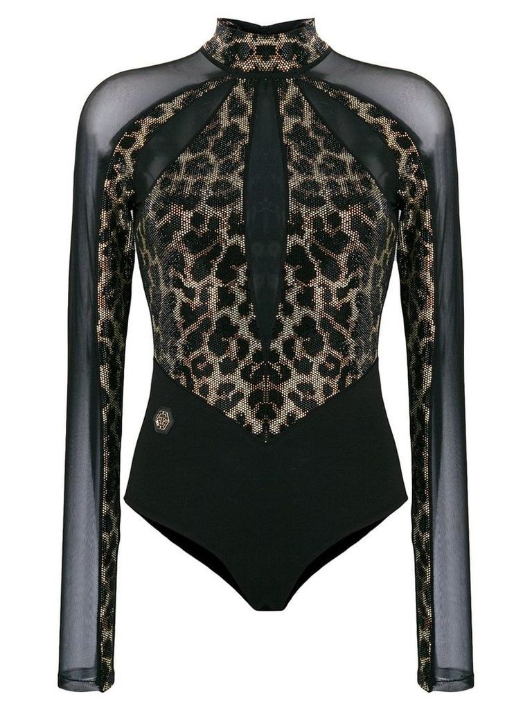 Philipp Plein leopard sheer bodysuit - Black