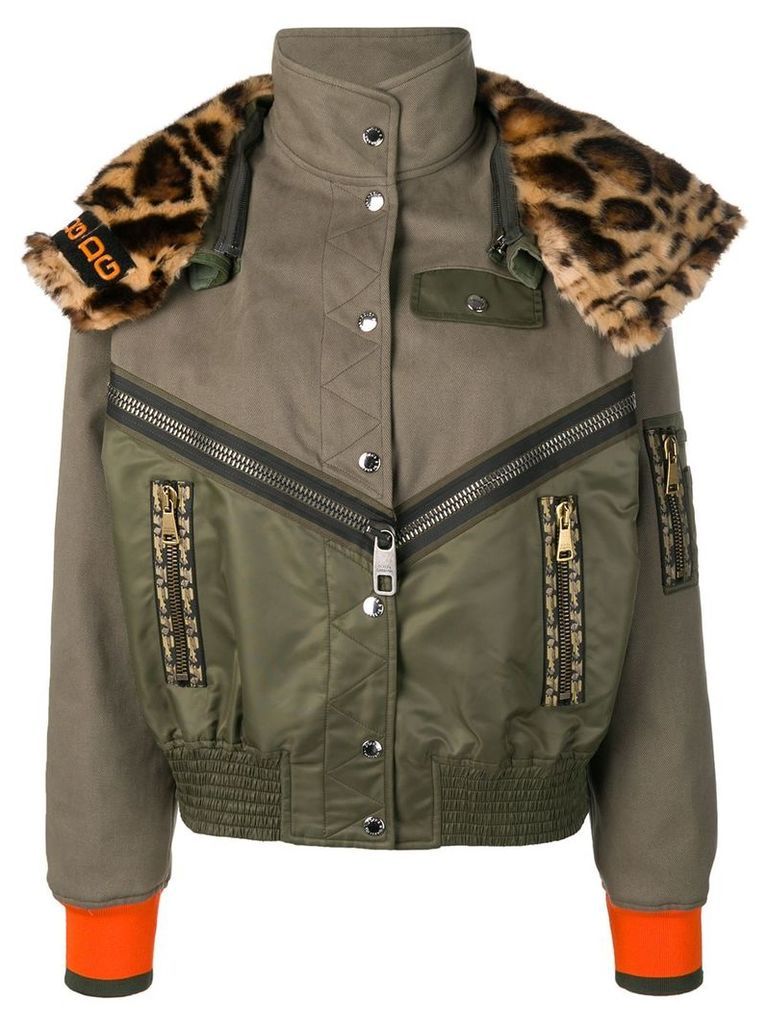 Dolce & Gabbana leopard print panelled bomber jacket - Green