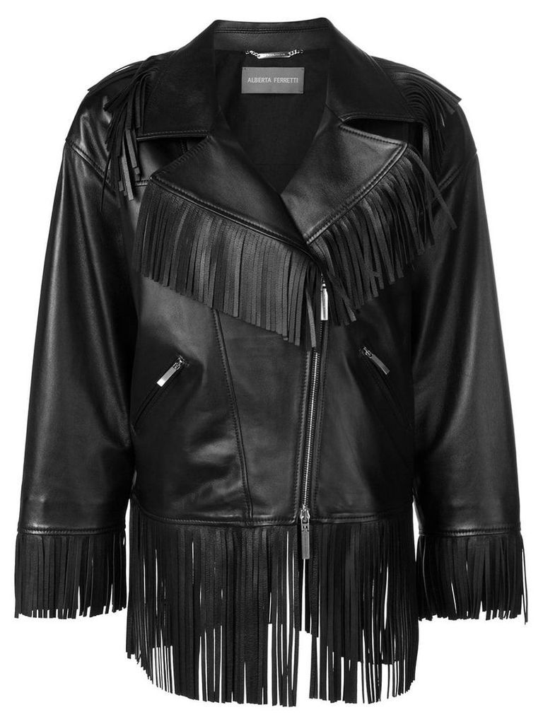 Alberta Ferretti oversized fringe trim biker jacket - Black