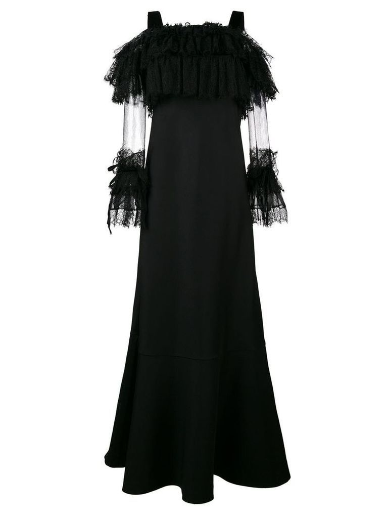 Alberta Ferretti Floor Length Gown with Lace Sleeves - Black