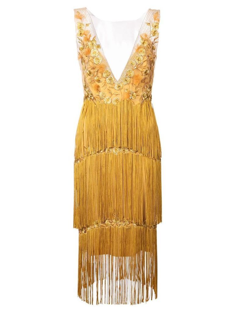 Marchesa Notte floral embroidery fringed dress - Yellow
