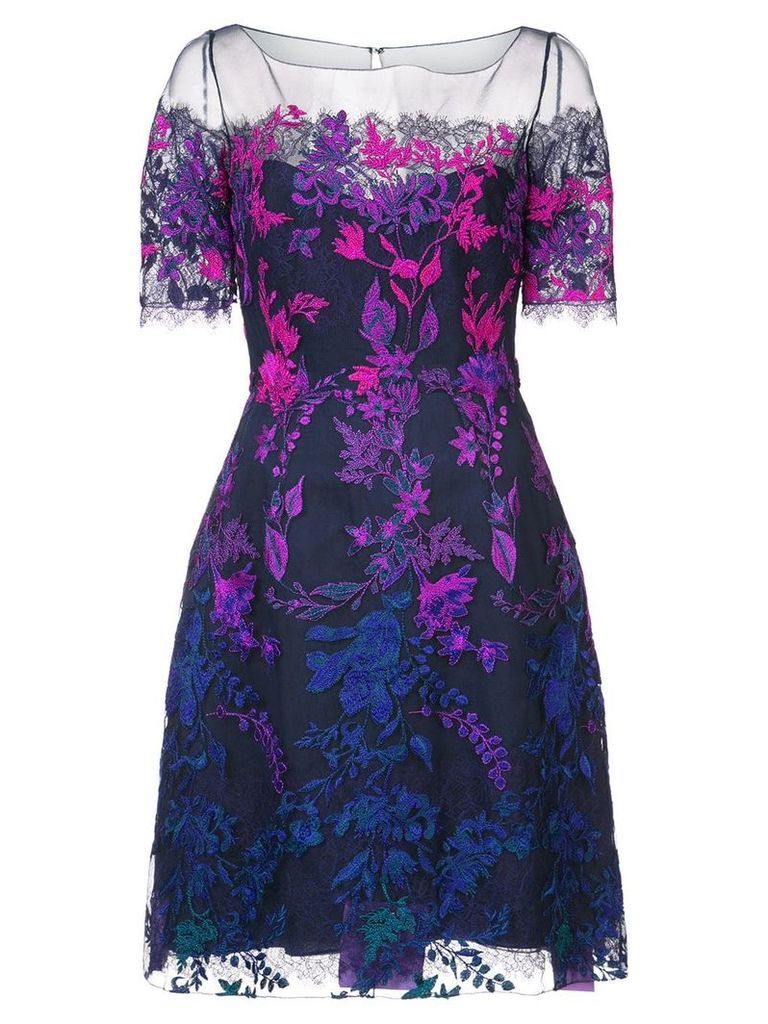 Marchesa Notte floral embroidered mesh dress - PURPLE