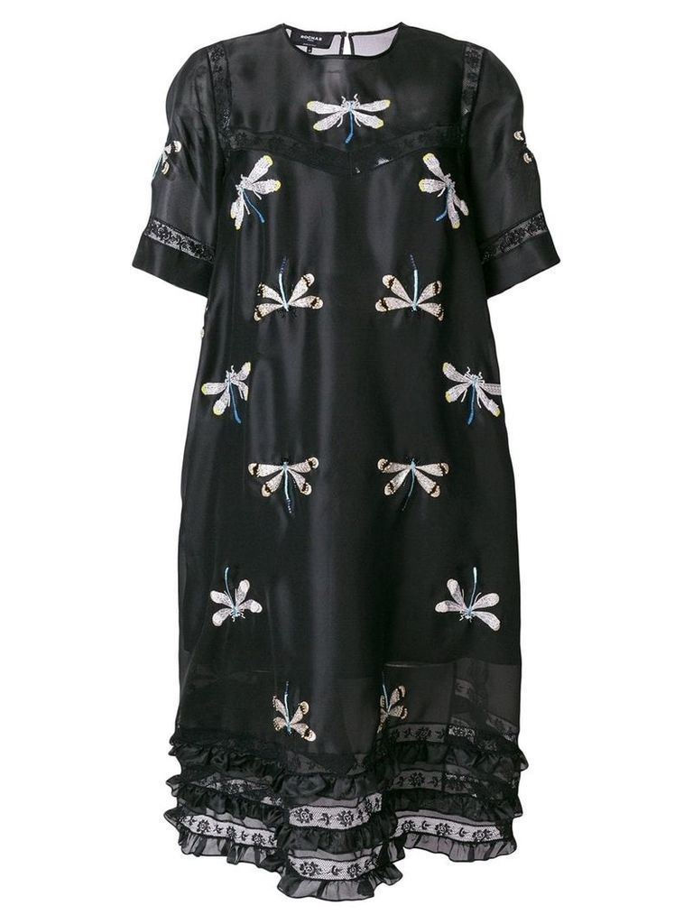 Rochas dragonfly embroidered peasant dress - Black